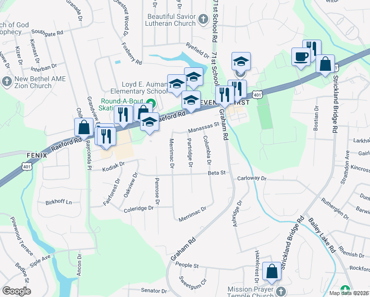 map of restaurants, bars, coffee shops, grocery stores, and more near 1921 Merrimac Drive in Fayetteville