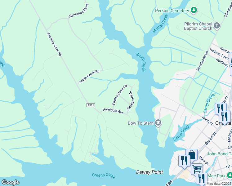 map of restaurants, bars, coffee shops, grocery stores, and more near 1013 Pirates Cove Circle in Oriental