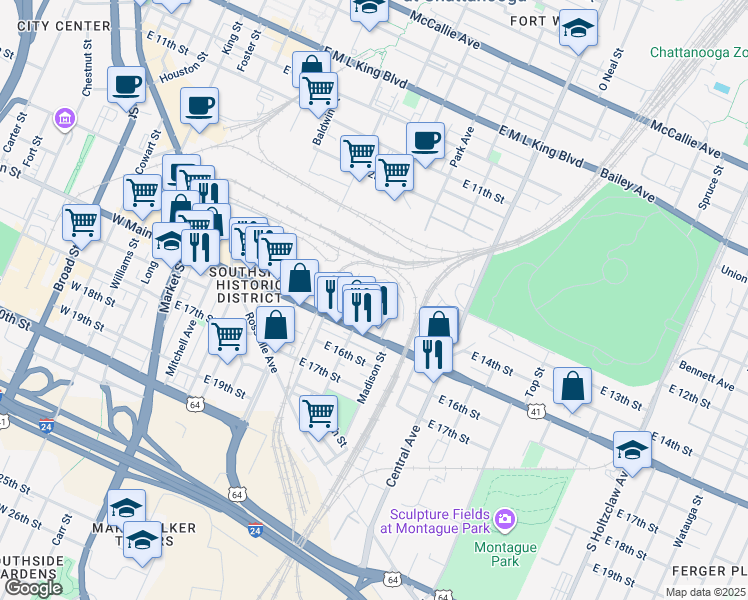 map of restaurants, bars, coffee shops, grocery stores, and more near 1410 Park Avenue in Chattanooga