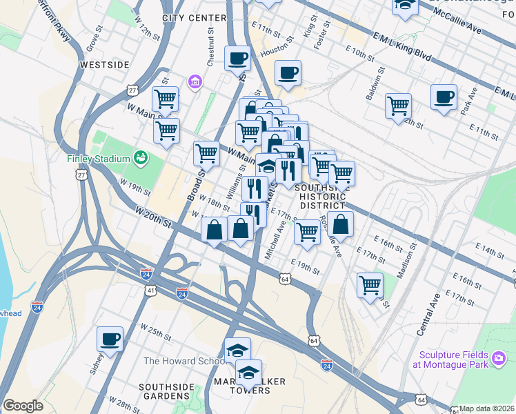 map of restaurants, bars, coffee shops, grocery stores, and more near 1706 Underwood Street in Chattanooga