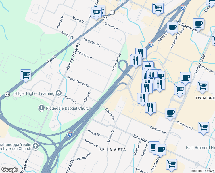map of restaurants, bars, coffee shops, grocery stores, and more near 2014 North Concord Road in Chattanooga