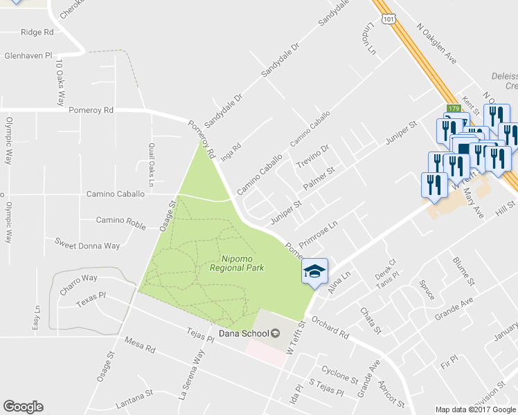 map of restaurants, bars, coffee shops, grocery stores, and more near 231 Alyssum Circle in Nipomo