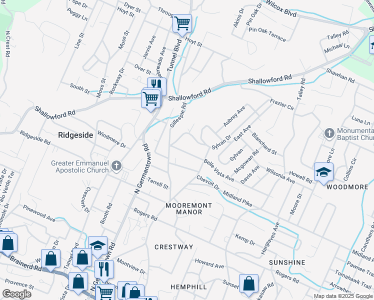 map of restaurants, bars, coffee shops, grocery stores, and more near 617 Belle Vista Avenue in Chattanooga