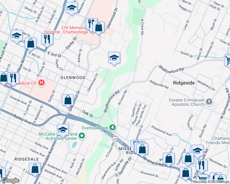 map of restaurants, bars, coffee shops, grocery stores, and more near 54 Shallowford Road in Chattanooga