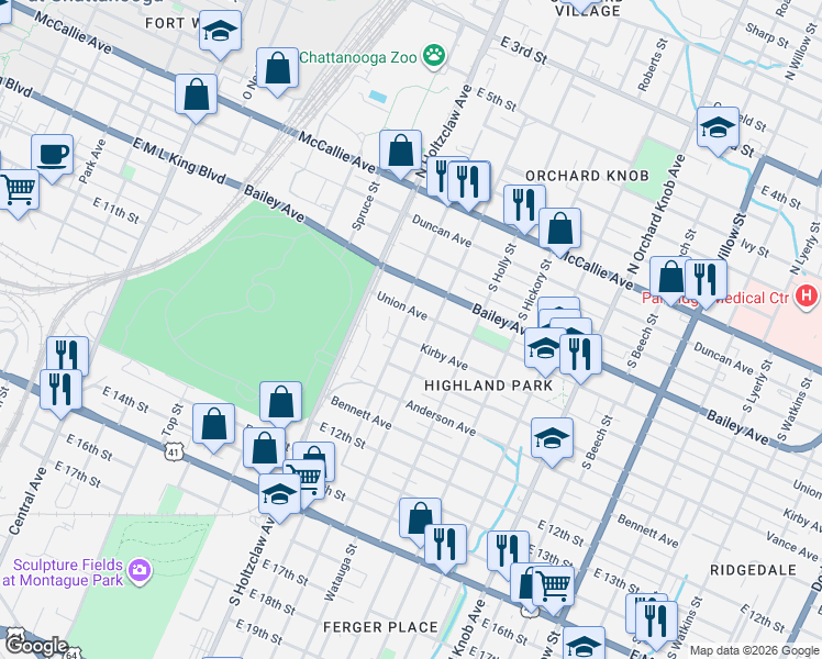map of restaurants, bars, coffee shops, grocery stores, and more near 709 South Highland Park Avenue in Chattanooga