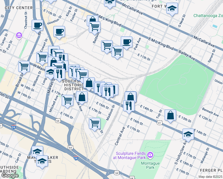 map of restaurants, bars, coffee shops, grocery stores, and more near 1410 Park Avenue in Chattanooga