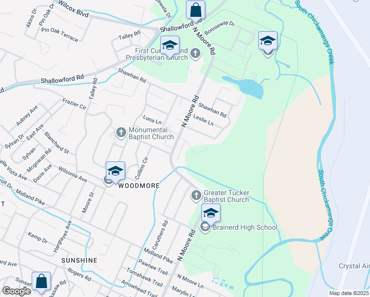 map of restaurants, bars, coffee shops, grocery stores, and more near 1604 Eucalyptus Drive in Chattanooga