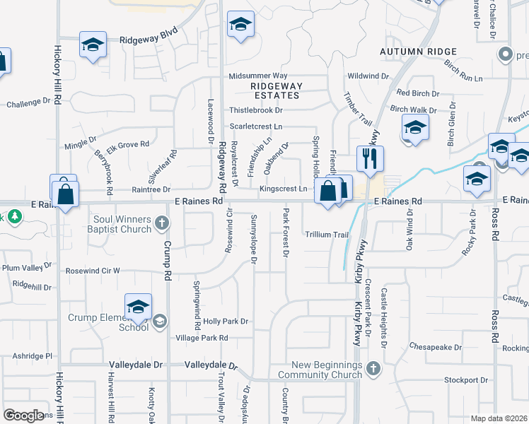 map of restaurants, bars, coffee shops, grocery stores, and more near 4185 Sunnyslope Drive in Memphis