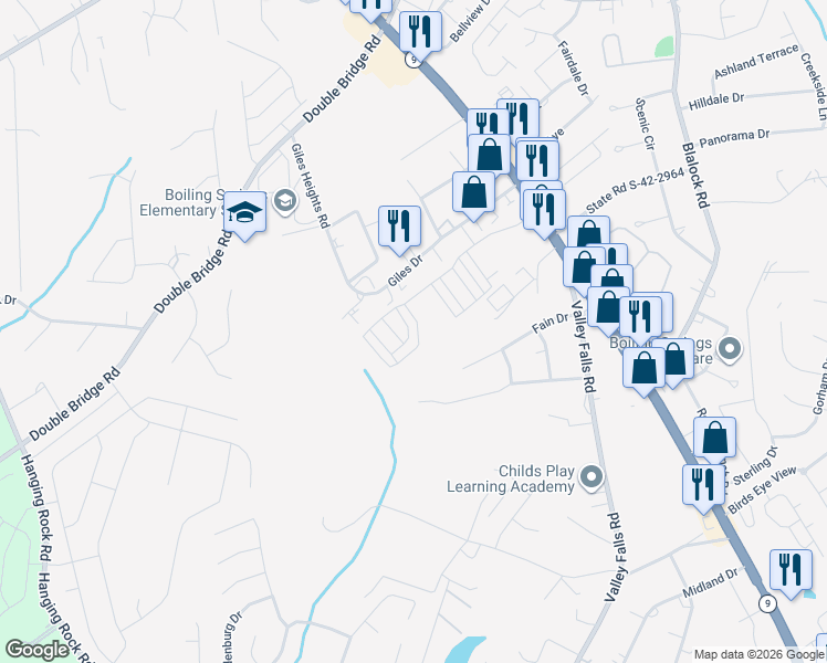 map of restaurants, bars, coffee shops, grocery stores, and more near 9651 Basalt Drive in Boiling Springs