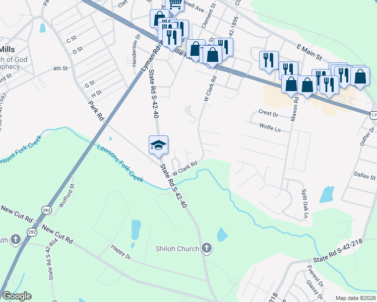 map of restaurants, bars, coffee shops, grocery stores, and more near 528 Franklin Asberry Lane in Inman
