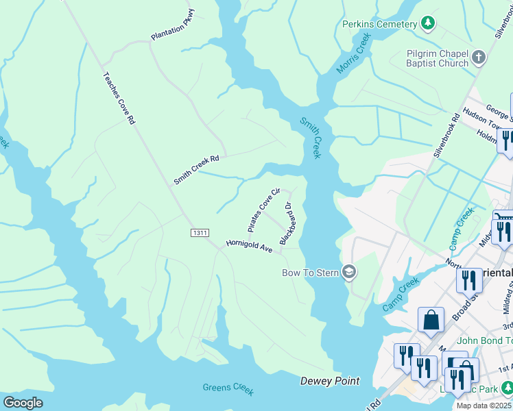 map of restaurants, bars, coffee shops, grocery stores, and more near 1013 Pirates Cove Circle in Oriental