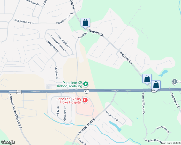 map of restaurants, bars, coffee shops, grocery stores, and more near 190 Paraclete Drive in Raeford