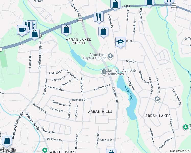 map of restaurants, bars, coffee shops, grocery stores, and more near 6325 Marykirk Drive in Fayetteville