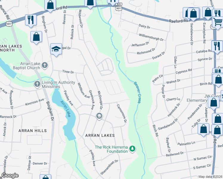 map of restaurants, bars, coffee shops, grocery stores, and more near 5750 Aftonshire Drive in Fayetteville