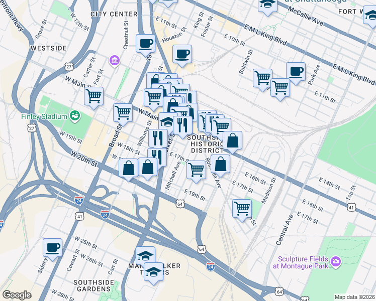 map of restaurants, bars, coffee shops, grocery stores, and more near 1610 Mitchell Avenue in Chattanooga