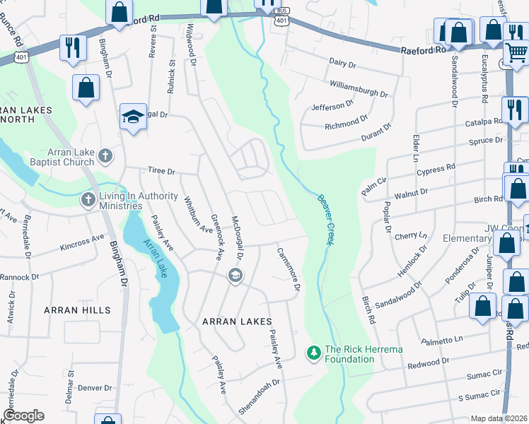 map of restaurants, bars, coffee shops, grocery stores, and more near 5750 Aftonshire Drive in Fayetteville