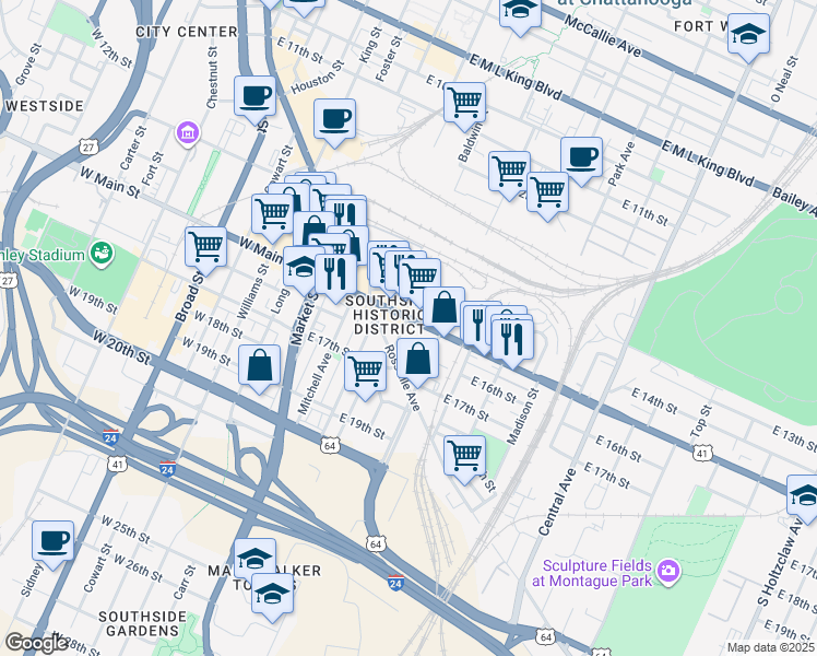map of restaurants, bars, coffee shops, grocery stores, and more near 320 East Main Street in Chattanooga