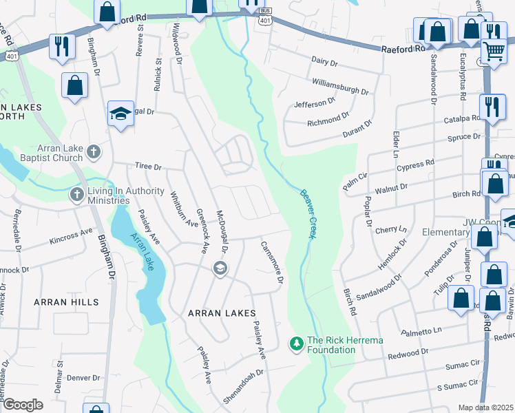 map of restaurants, bars, coffee shops, grocery stores, and more near 1439 Tangora Lane in Fayetteville