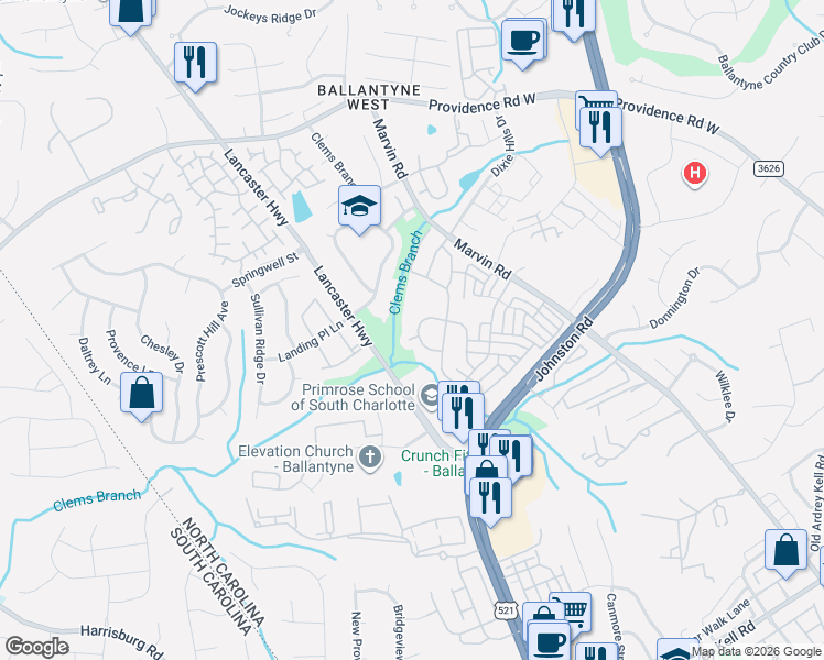 map of restaurants, bars, coffee shops, grocery stores, and more near 11918 Dupplin Castle Court in Charlotte