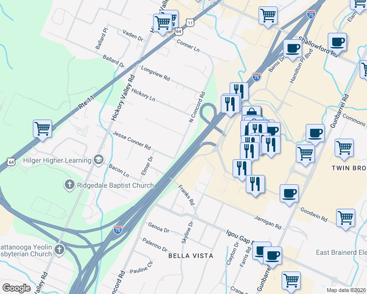 map of restaurants, bars, coffee shops, grocery stores, and more near 2014 North Concord Road in Chattanooga