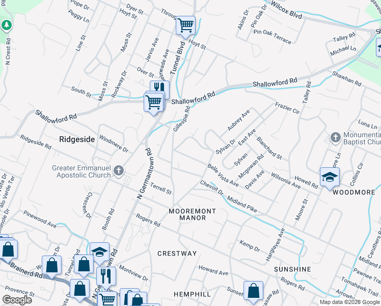 map of restaurants, bars, coffee shops, grocery stores, and more near 617 Belle Vista Avenue in Chattanooga