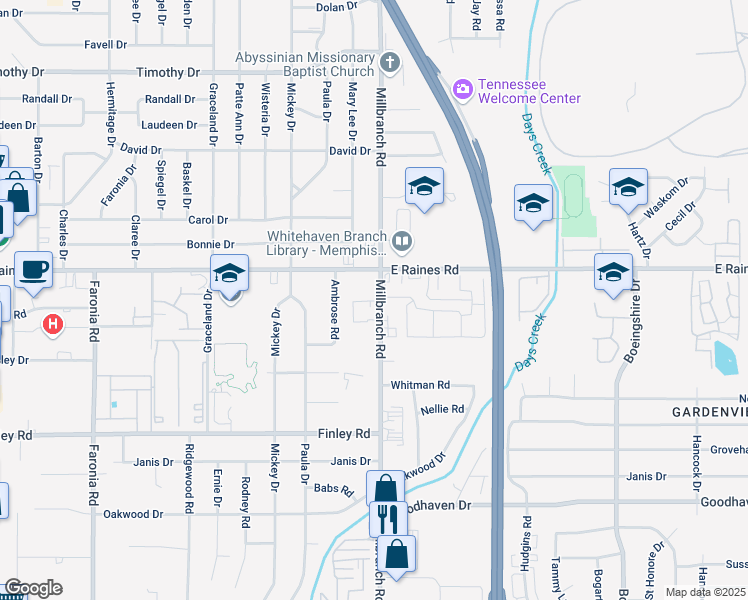 map of restaurants, bars, coffee shops, grocery stores, and more near 4203 Millbranch Road in Memphis