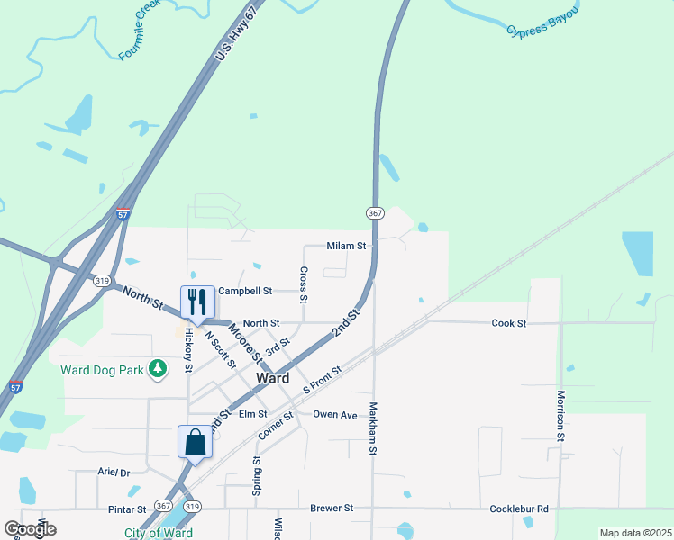 map of restaurants, bars, coffee shops, grocery stores, and more near 54 Meadow Circle in Ward