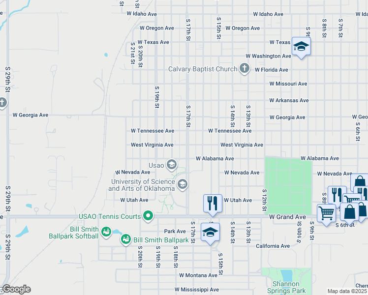 map of restaurants, bars, coffee shops, grocery stores, and more near 1623 South 17th Street in Chickasha