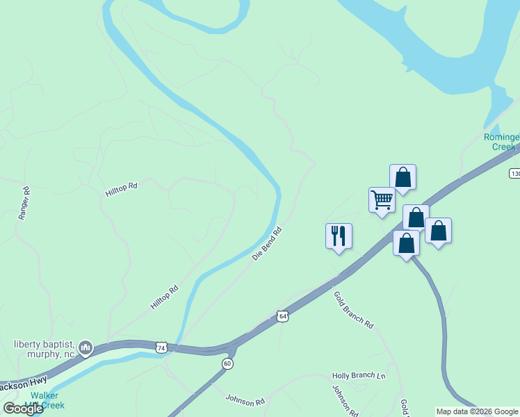 map of restaurants, bars, coffee shops, grocery stores, and more near 1167 Hilltop Road in Murphy