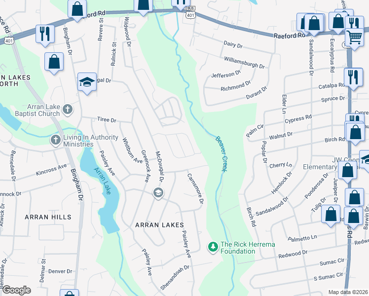 map of restaurants, bars, coffee shops, grocery stores, and more near 1439 Tangora Lane in Fayetteville