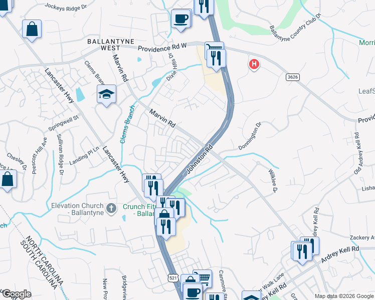 map of restaurants, bars, coffee shops, grocery stores, and more near 15820 Castle Watch Avenue in Charlotte