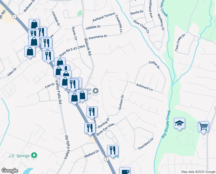 map of restaurants, bars, coffee shops, grocery stores, and more near 402 Chippendale Lane in Boiling Springs