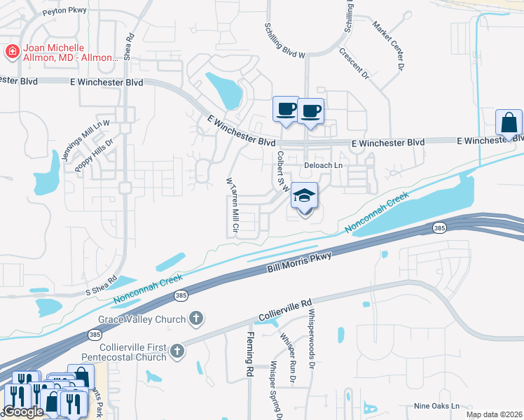 map of restaurants, bars, coffee shops, grocery stores, and more near 1007 Russell Farms Road in Collierville