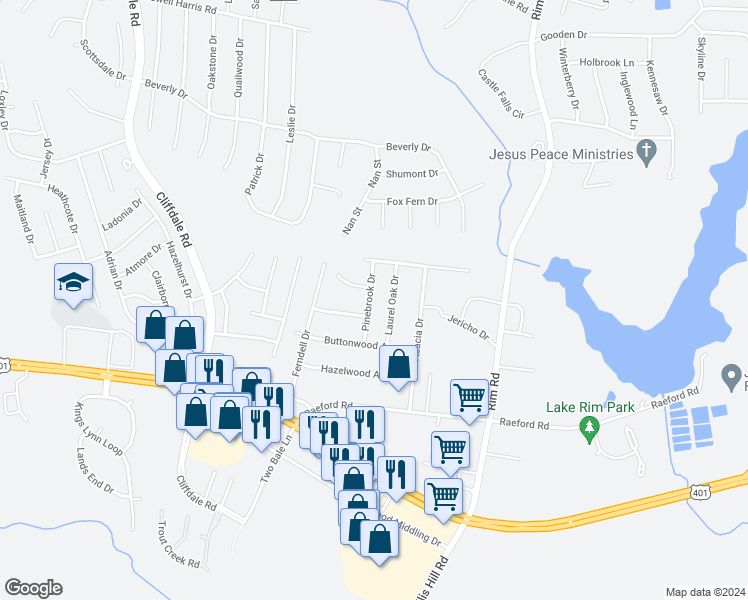 map of restaurants, bars, coffee shops, grocery stores, and more near 1527 Pinebrook Drive in Fayetteville