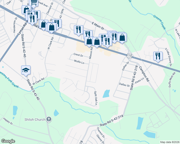 map of restaurants, bars, coffee shops, grocery stores, and more near 404 Mason Road in Inman