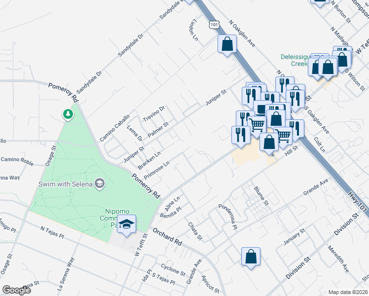 map of restaurants, bars, coffee shops, grocery stores, and more near 785 Primrose Lane in Nipomo