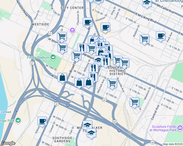 map of restaurants, bars, coffee shops, grocery stores, and more near 1718 Long Street in Chattanooga