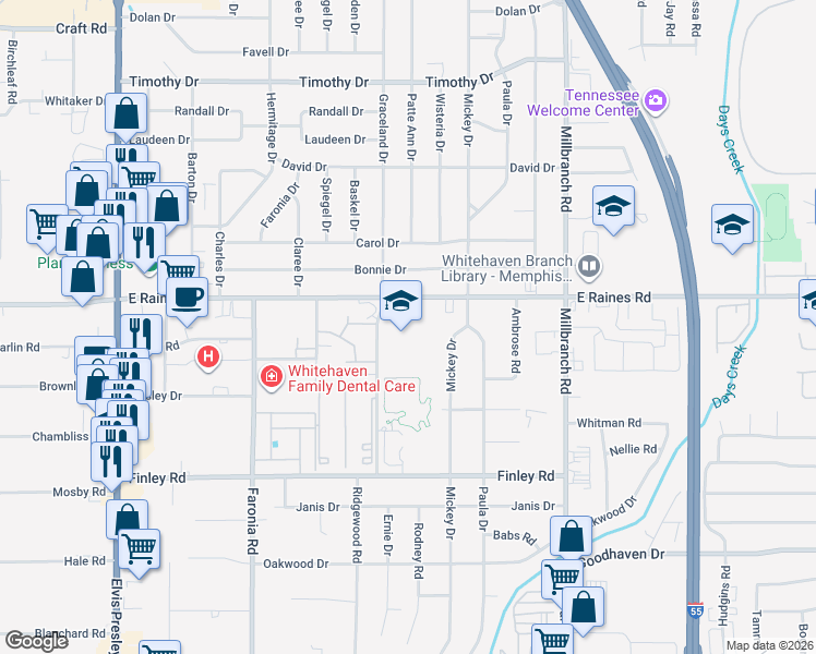 map of restaurants, bars, coffee shops, grocery stores, and more near 4184 Graceland Drive in Memphis