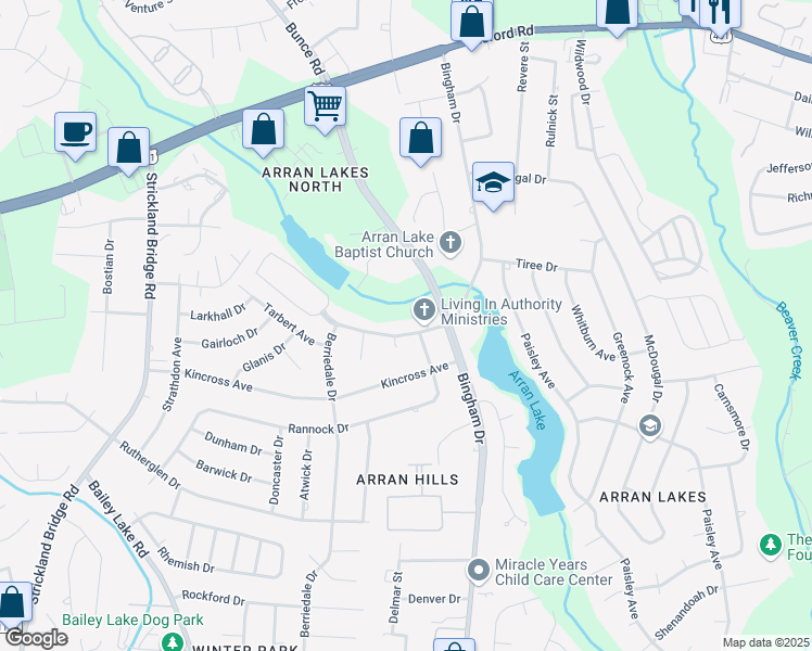 map of restaurants, bars, coffee shops, grocery stores, and more near 6204 Rannock Drive in Fayetteville