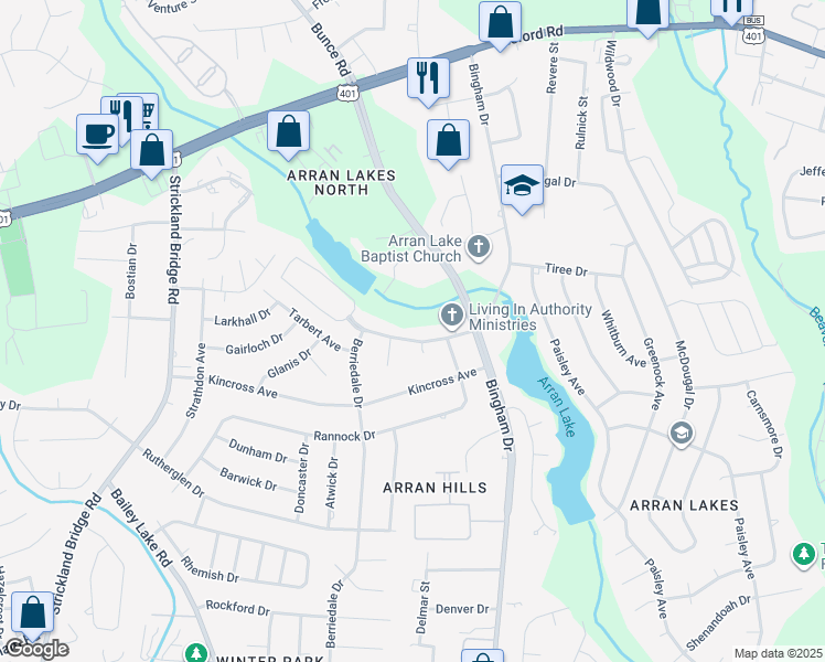 map of restaurants, bars, coffee shops, grocery stores, and more near 6325 Marykirk Drive in Fayetteville