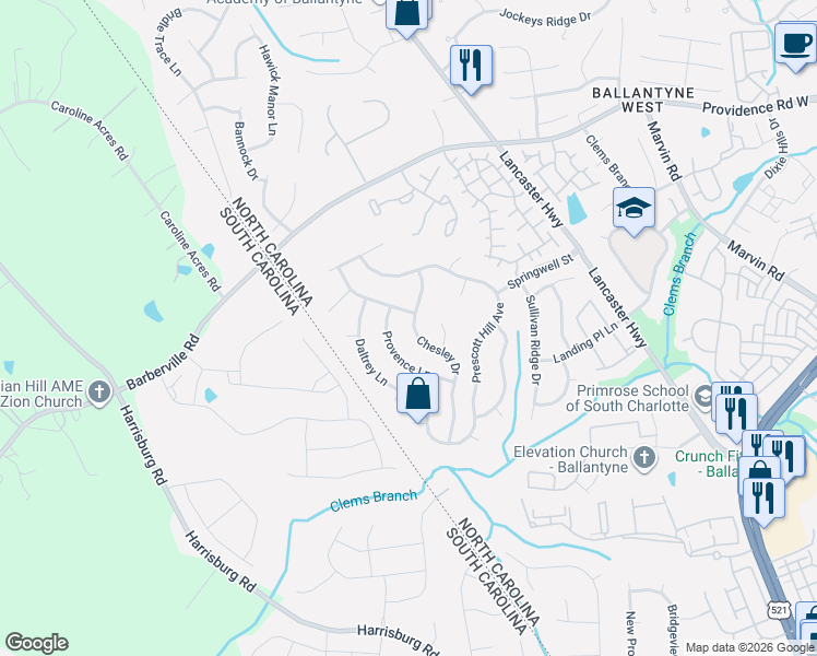 map of restaurants, bars, coffee shops, grocery stores, and more near 12324 Chesley Drive in Charlotte