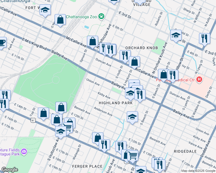 map of restaurants, bars, coffee shops, grocery stores, and more near 1516 Union Avenue in Chattanooga