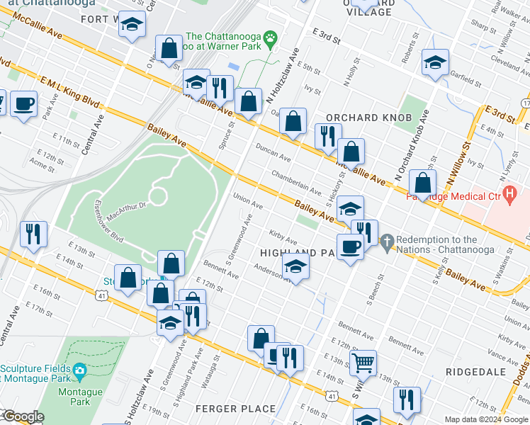 map of restaurants, bars, coffee shops, grocery stores, and more near 709 South Highland Park Avenue in Chattanooga