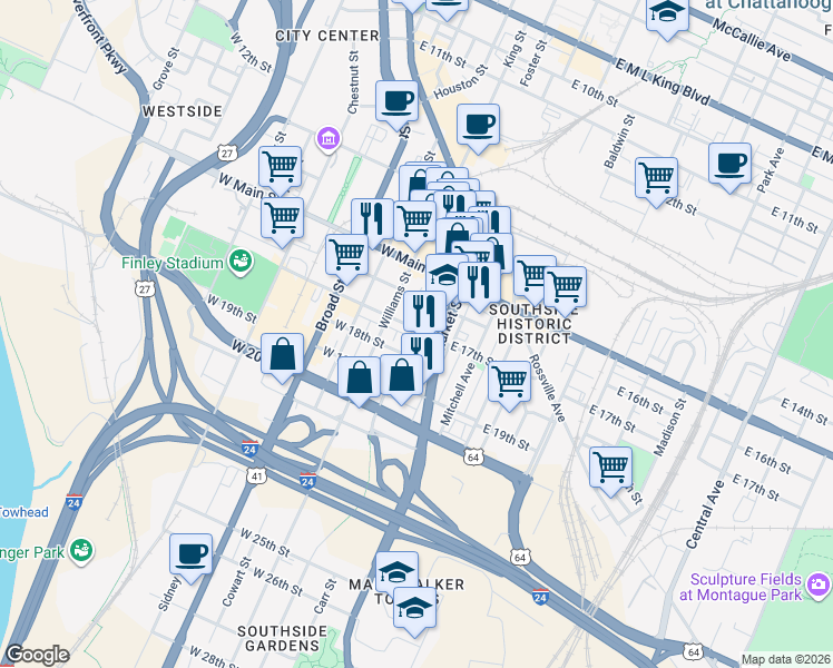 map of restaurants, bars, coffee shops, grocery stores, and more near 1718 Long Street in Chattanooga