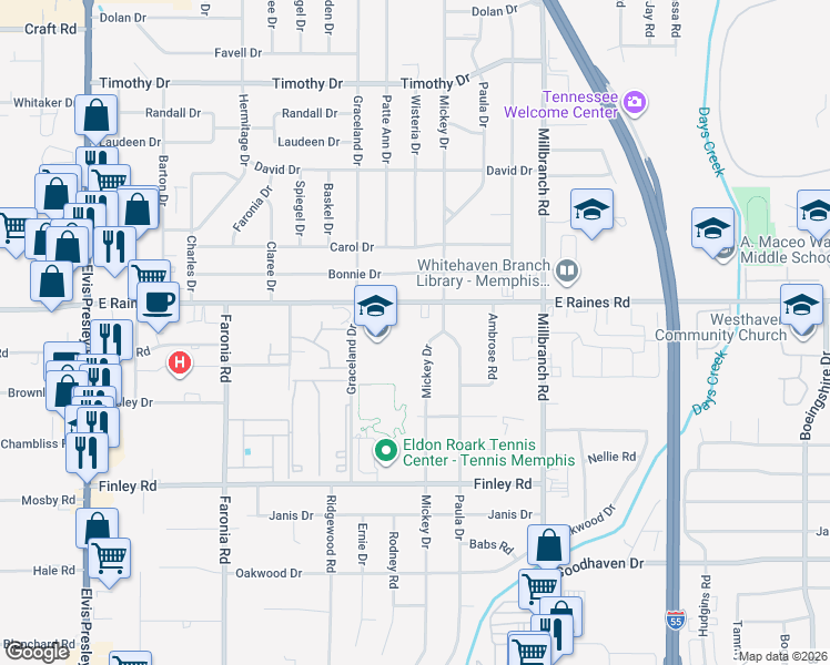 map of restaurants, bars, coffee shops, grocery stores, and more near 4201 Mickey Drive in Memphis