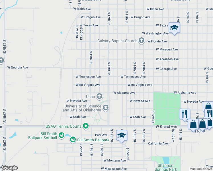 map of restaurants, bars, coffee shops, grocery stores, and more near 1623 South 17th Street in Chickasha