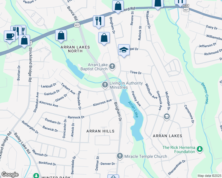 map of restaurants, bars, coffee shops, grocery stores, and more near 1200 Bingham Drive in Fayetteville