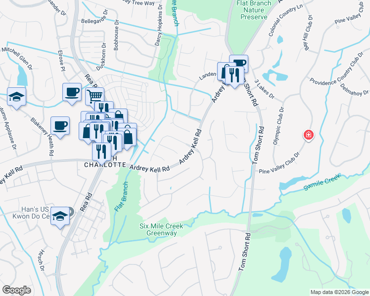 map of restaurants, bars, coffee shops, grocery stores, and more near 6838 Oldecastle Court in Charlotte