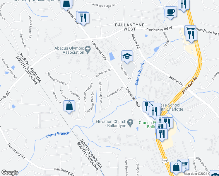 map of restaurants, bars, coffee shops, grocery stores, and more near 14424 Myers Mill Lane in Charlotte