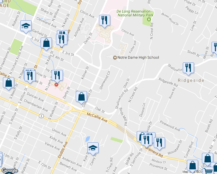 map of restaurants, bars, coffee shops, grocery stores, and more near 2710 Glenwood Parkway in Chattanooga
